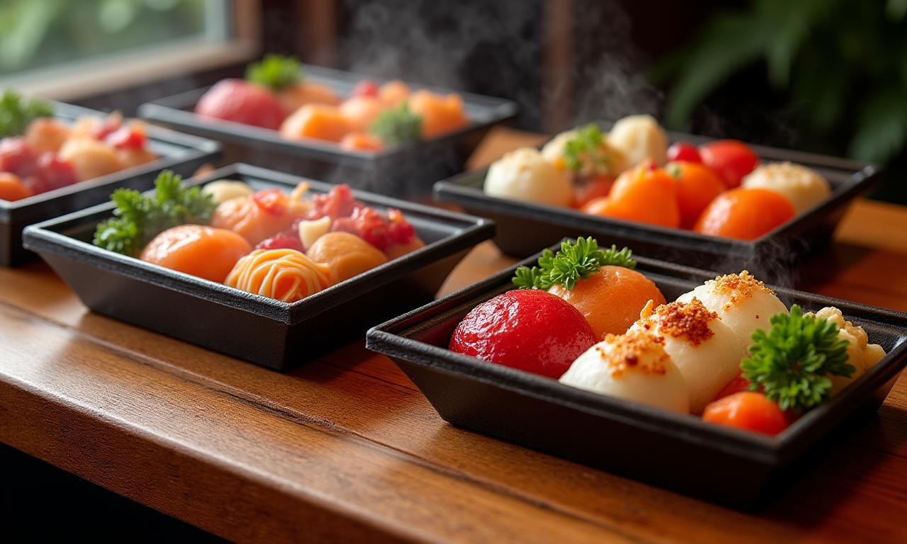 テーブルに並べられた色とりどりの豪華なブシドー弁当 (Colorful and luxurious Bushido bento boxes arranged on a table)