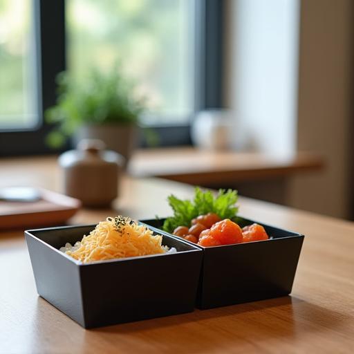 家庭の食卓に置かれた一つの弁当 (A single bento box on a home dining table)
